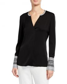 Jona V-Neck Contrast-Trim Blouse at Neiman Marcus